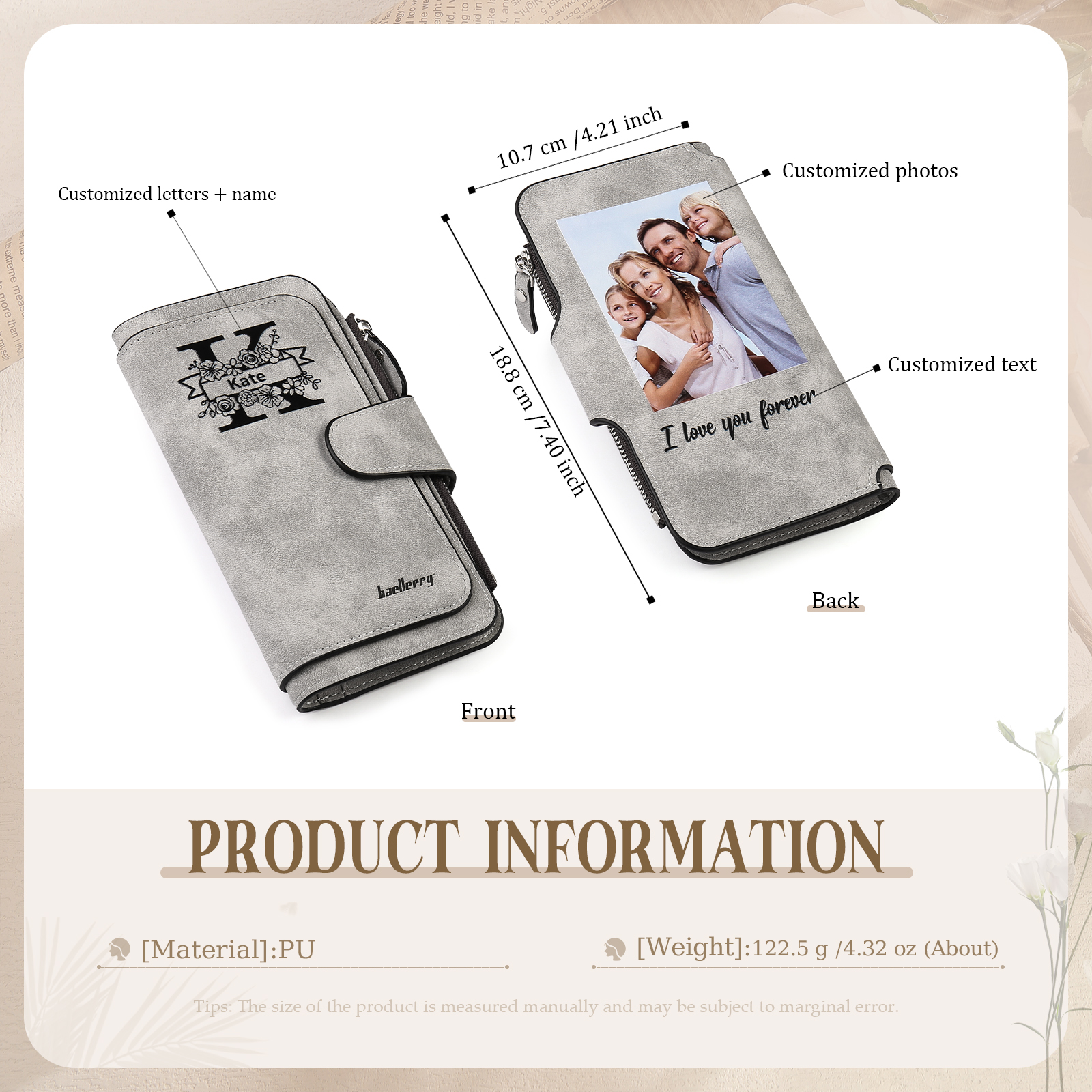 Portafoglio in PU pelle con 1 letetra & 1 testo & 1 nome & 1 foto personalizzati per mamma/nonna