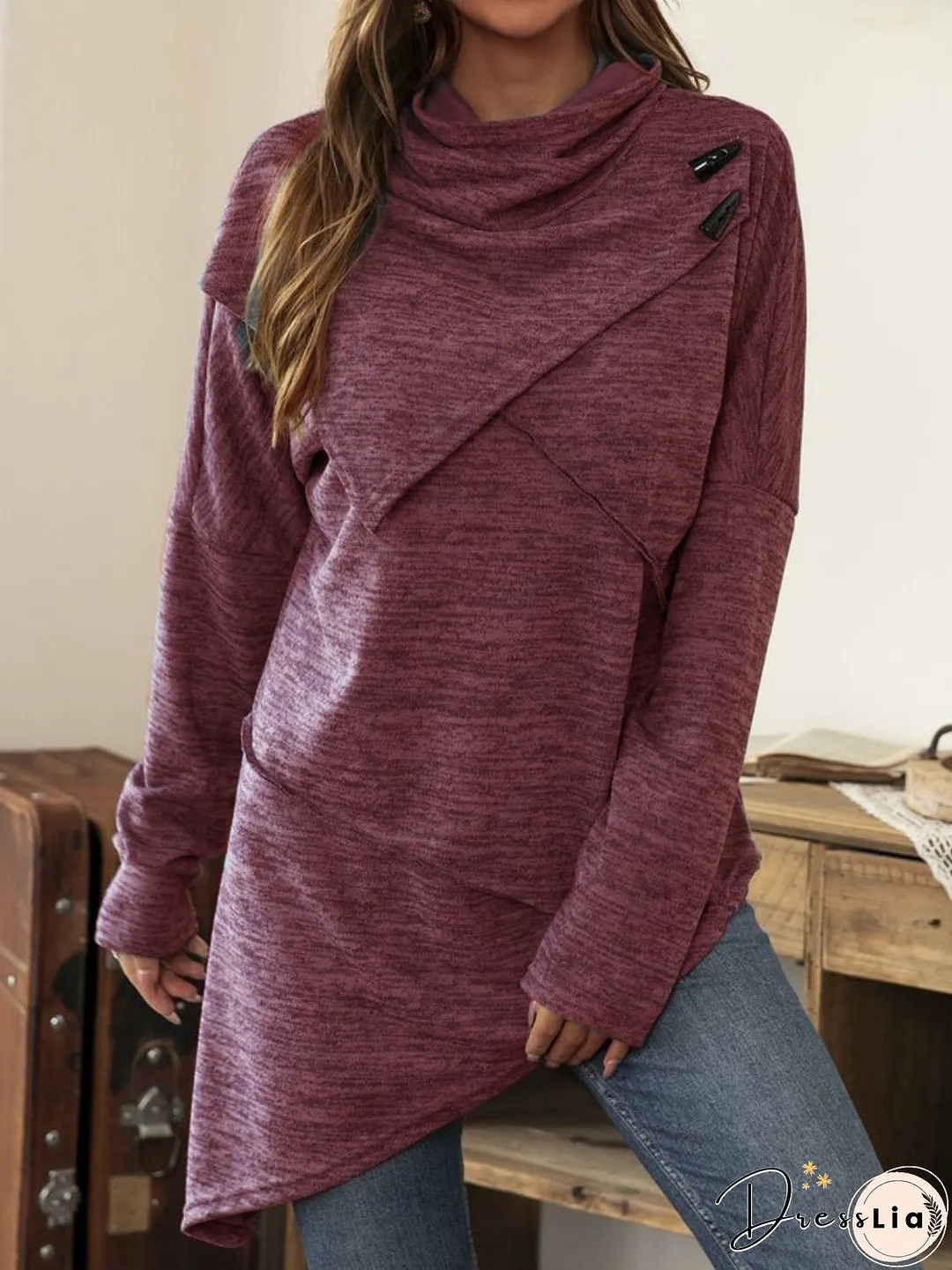 Asymmetrical Hem Cowl Neck Long Sleeve T-Shirt