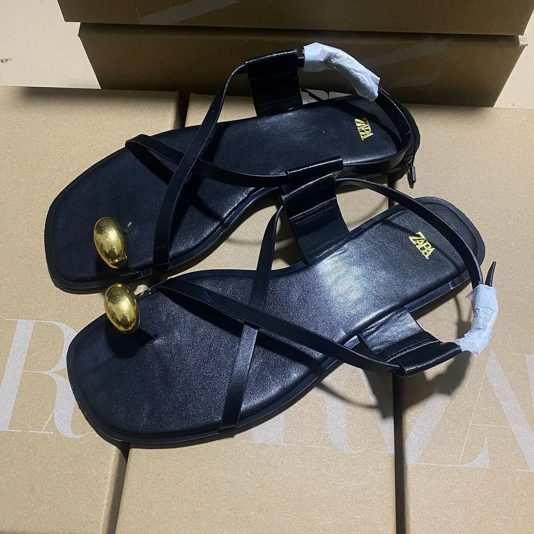Breakj Breakj Spring Cross-Lace Metal Flat Sandals Women's Leisure Beach Shoes Soft Soles Toes Roman Shoes