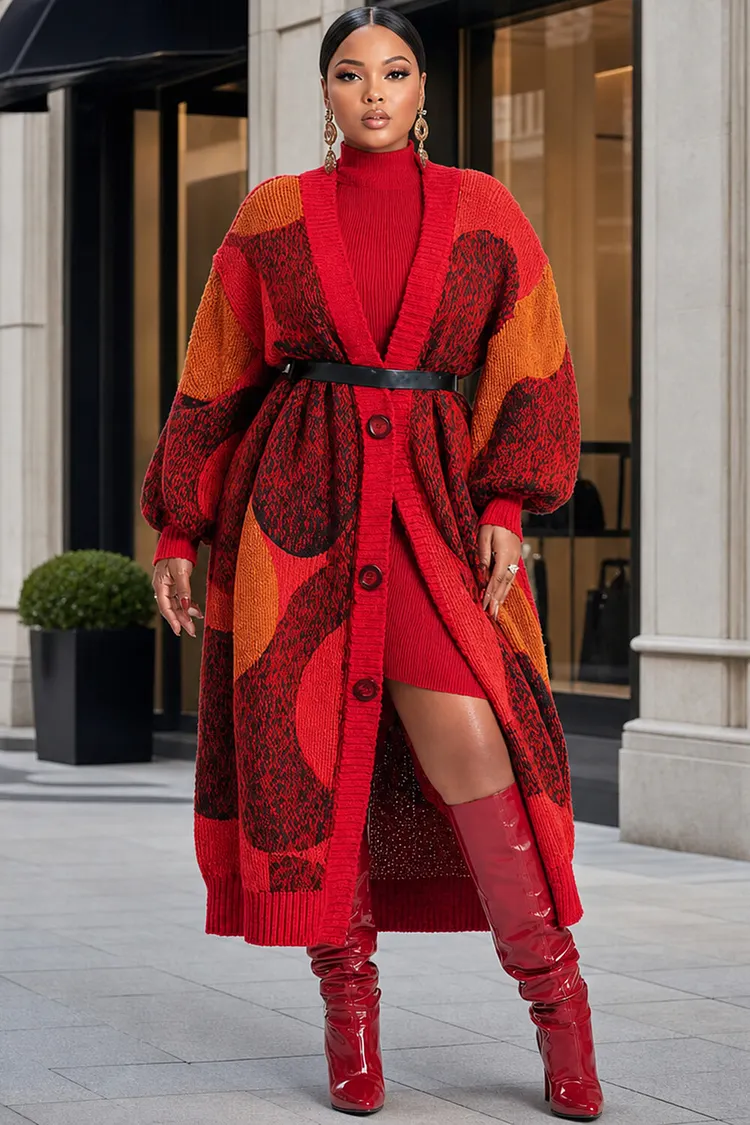 Xpluswear Design Plus Size Daily Red Graphic Lantern Sleeve Long Sleeve Pocket Rib Knit Cardigans [Pre-Order] 2024 - Xpluswear