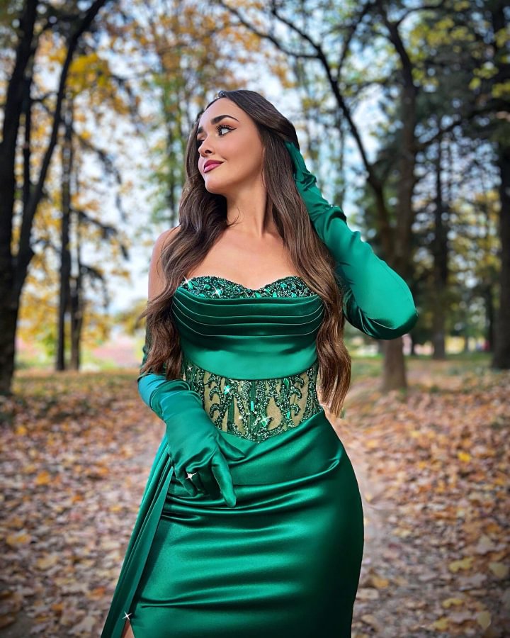 Miabel Dark Green Elegant Sweetheart Split Sequins Evening Dress with Gloves