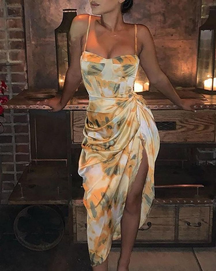 Abstract Print Spaghetti Strap High Slit Ruched Dressc