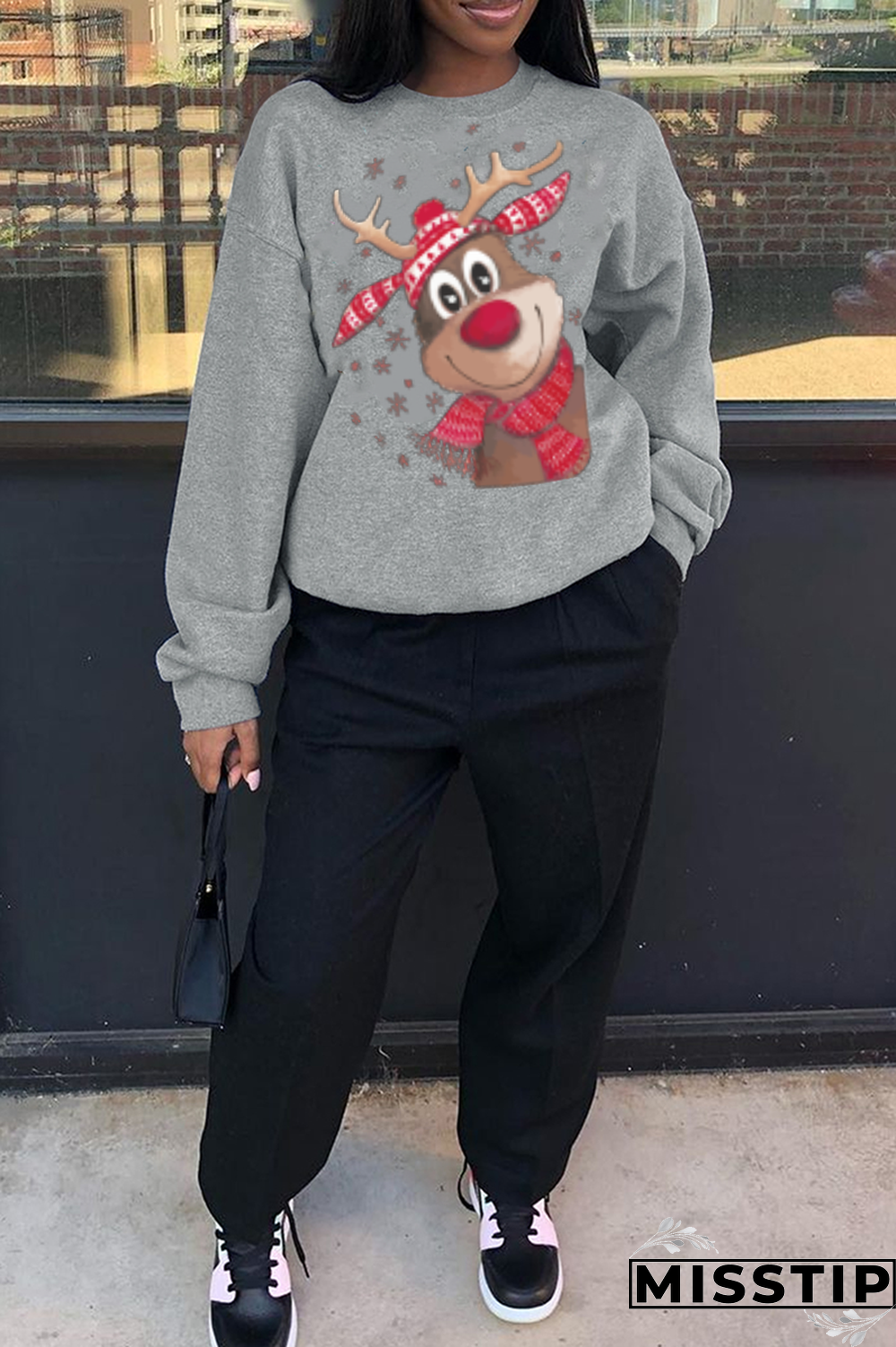 Black Casual Street Print Wapiti Patchwork O Neck Tops