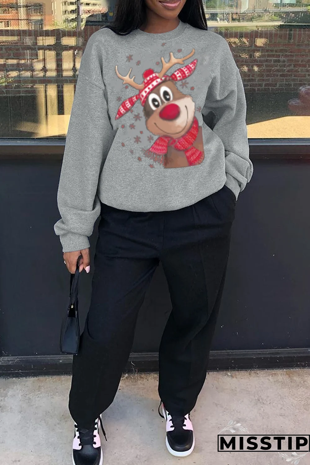 Black Casual Street Print Wapiti Patchwork O Neck Tops