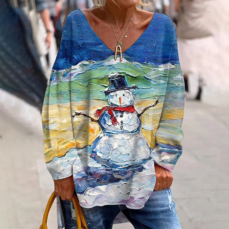 Comstylish Oil Painting Snowman Print V-Neck Long Sleeved T-Shirt