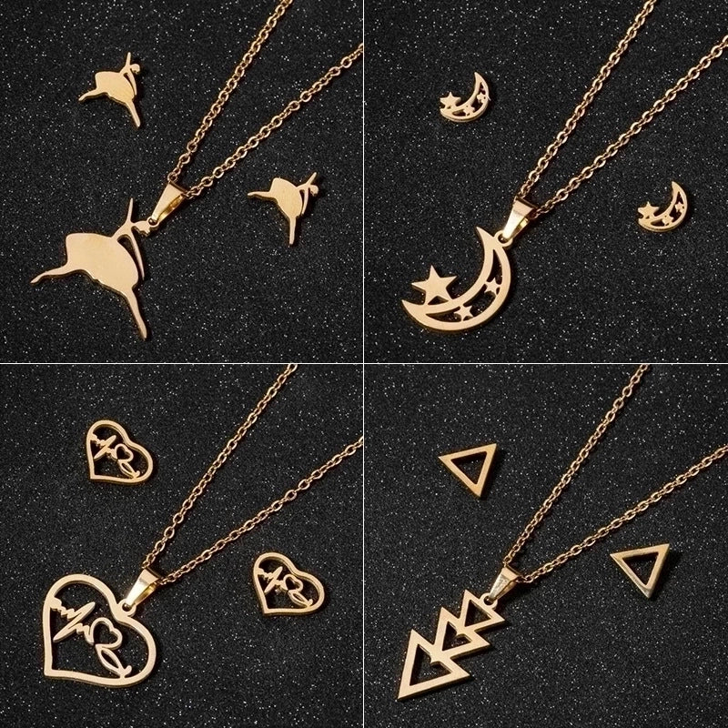 1 Set Fashion Star Moon Heart Shape Titanium Steel Plating Earrings Necklace