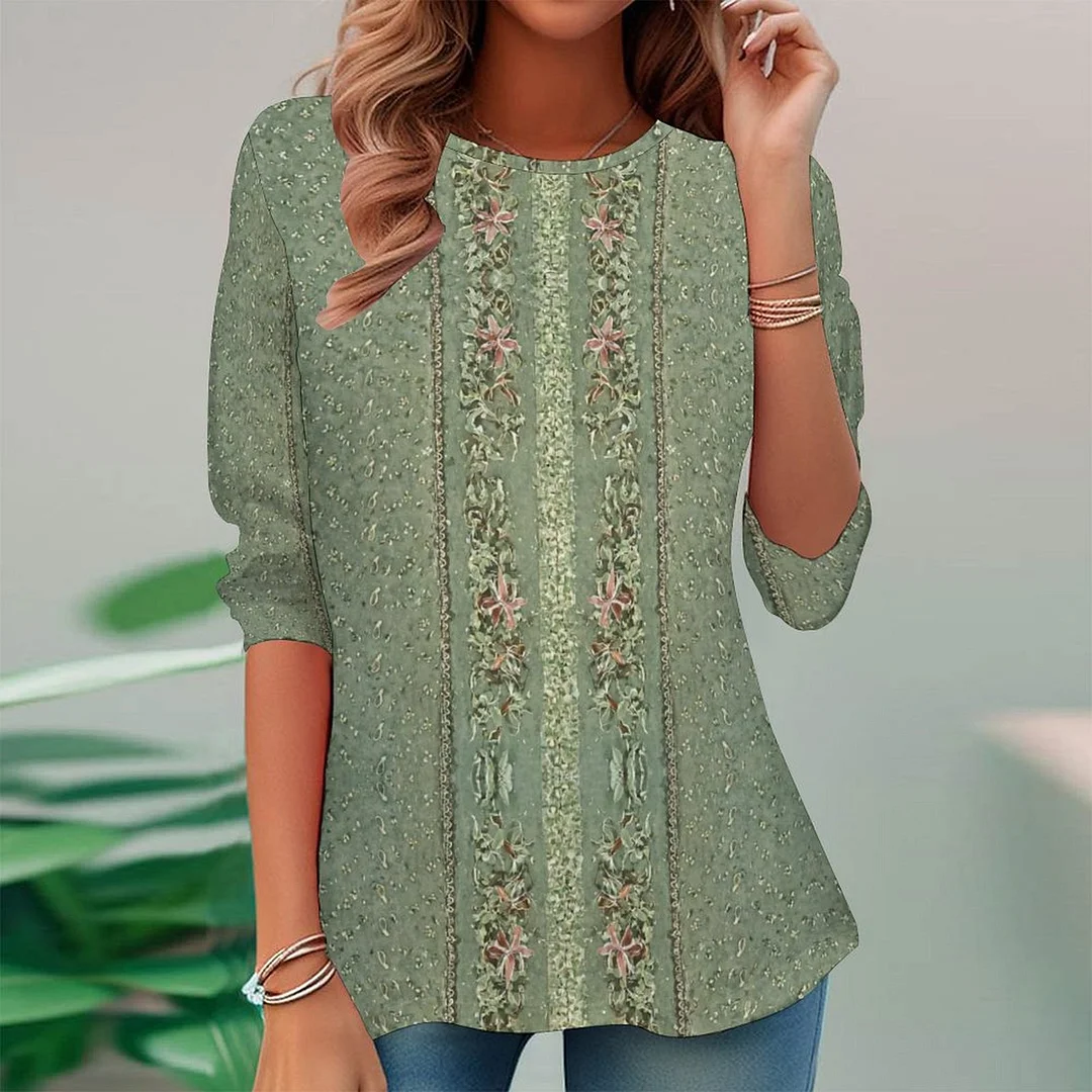 Vintage Printed Long Sleeve Plus Size Tunic for  Women and Men Unisex Pattern Green,Floral,Vintage