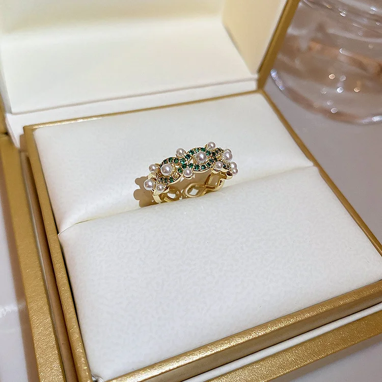 Opal Pearl Diamond Heart Flower Adjustable Ring KERENTILA