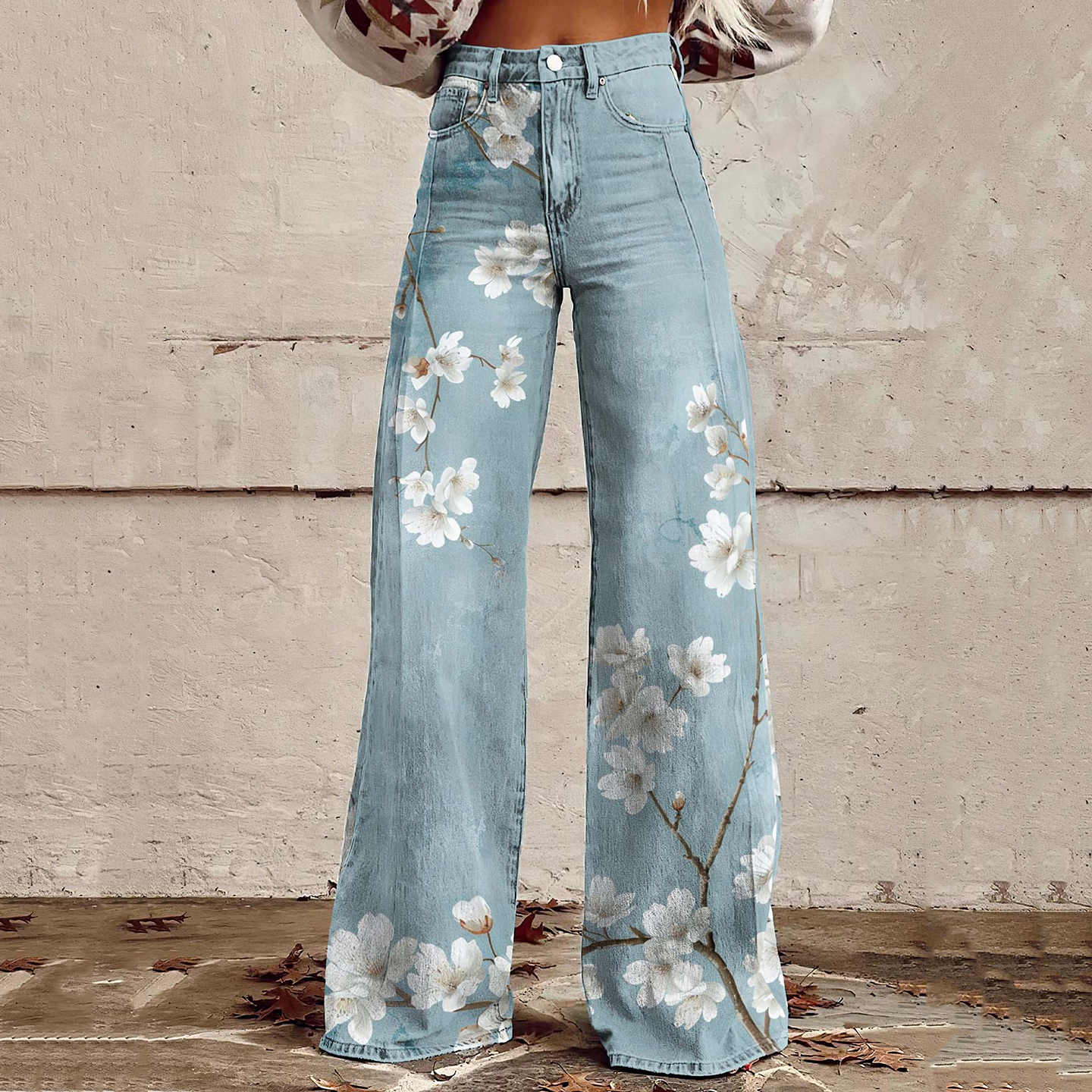 Comstylish Retro Blossoms Pattern Ladies Casual Wide Leg Jeans