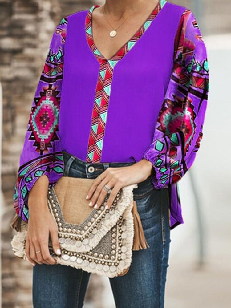 Ethnic Print Patchwork Long Sleeve Blouse For Women P1568658
