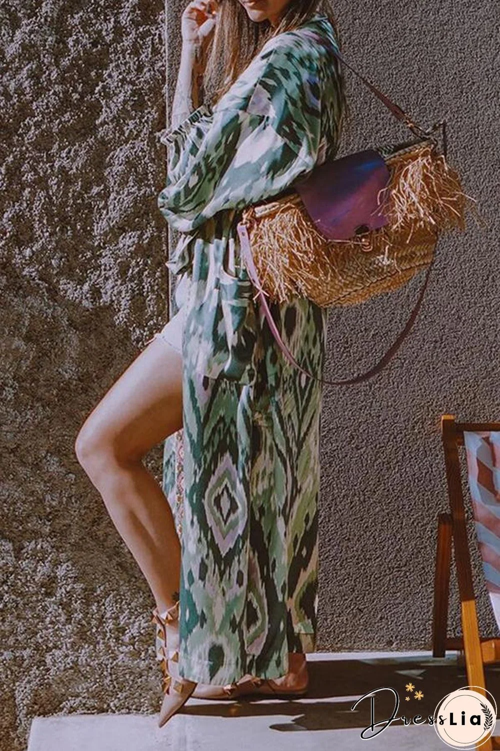 Loose Lace-up Printed Cardigan Dress P13383