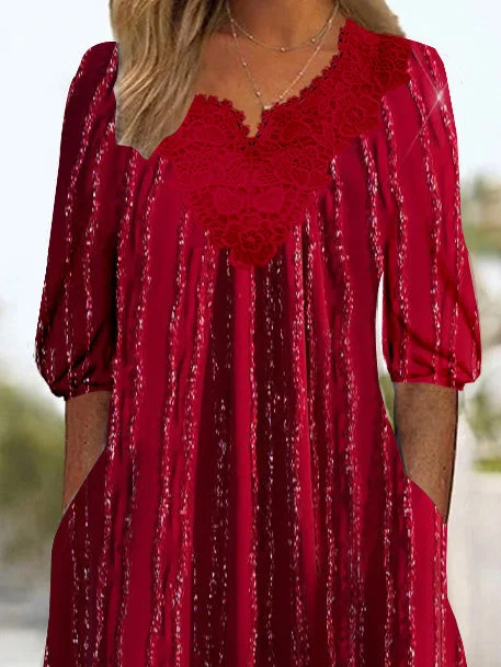 Women's 3/4 Sleeve V-neck Striped Printed Lace Stitching Midi Dress