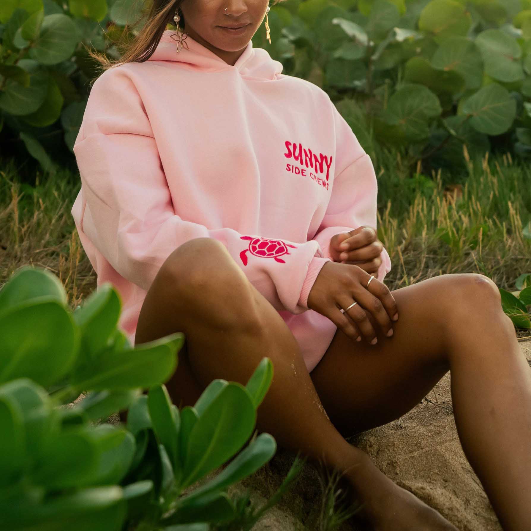 Women's Vintage Sea Turtle Protect The Locals Shell-Pink Oversized Long Sleeve Hoodie