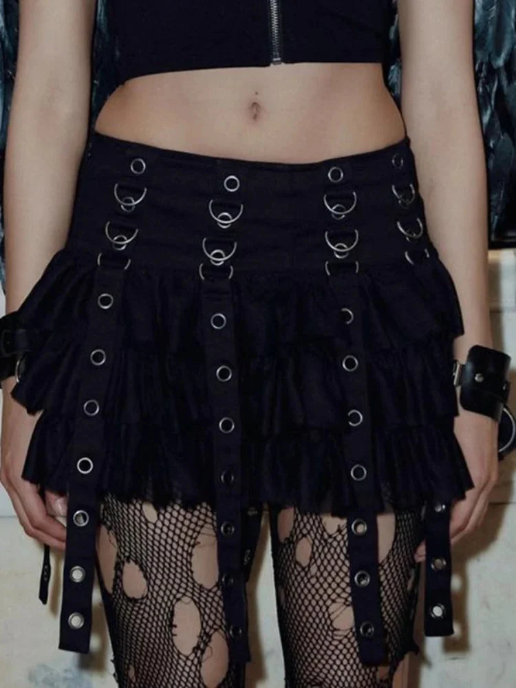 Huiketi Goth Black Pleated Mini Skirt with Chain Women's Punk High Waisted Tennis Skirt Fairy Grunge Aesthetic E Girl Cloth