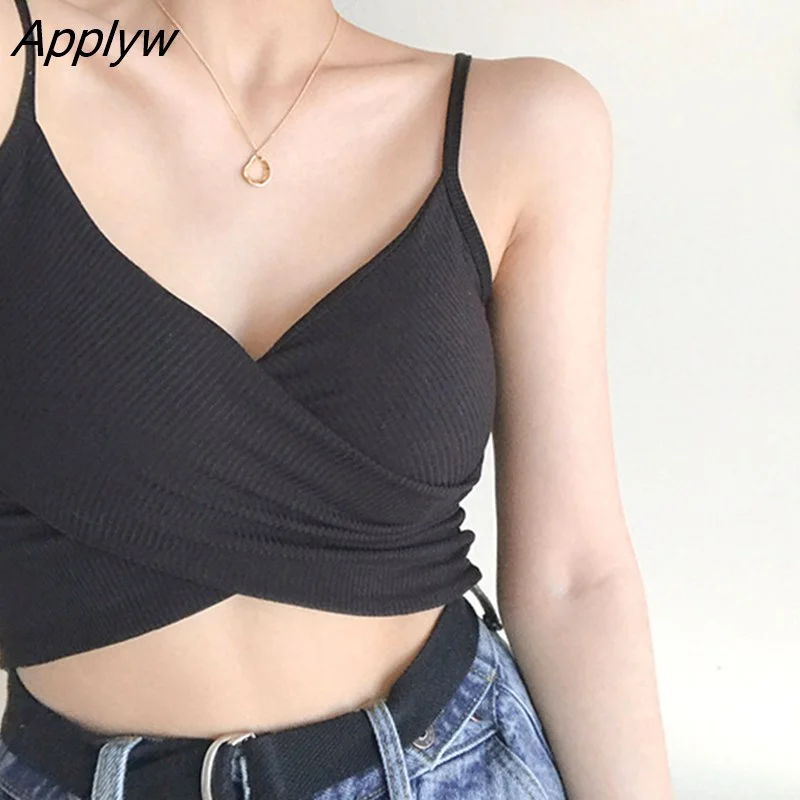 Applyw Female V-Neck Top Solid Color Beautiful Crop Top Soft Seamless Lingerie Fashion Camisole