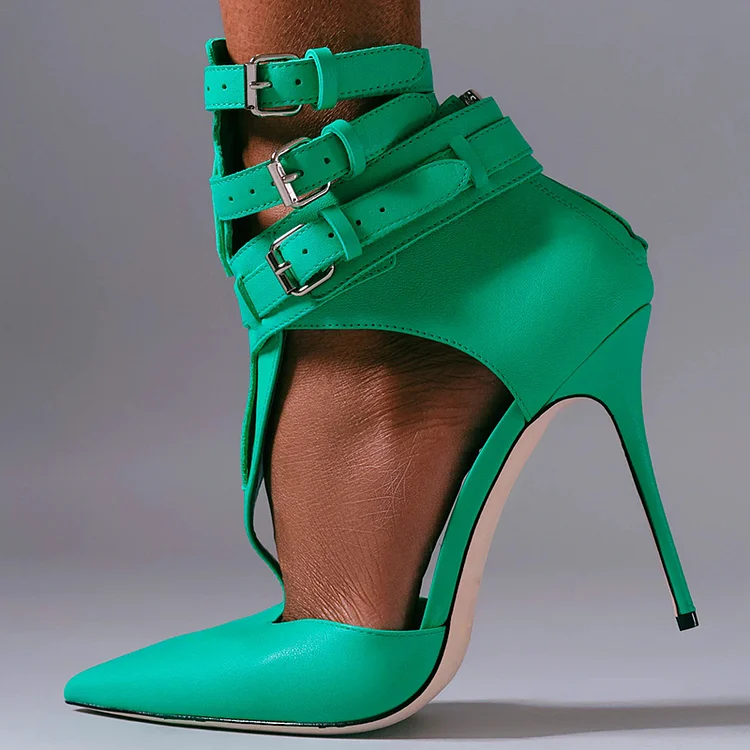 Turquoise Pointed-Toe Strappy Stiletto Heels with Buckles Vdcoo