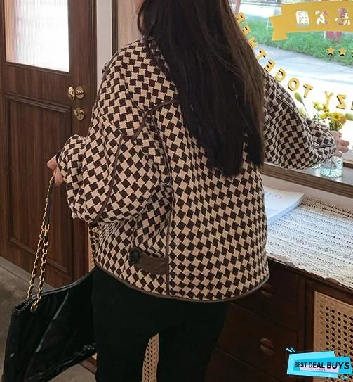 Hounds Tooth Print Color Block Button Design Coat
