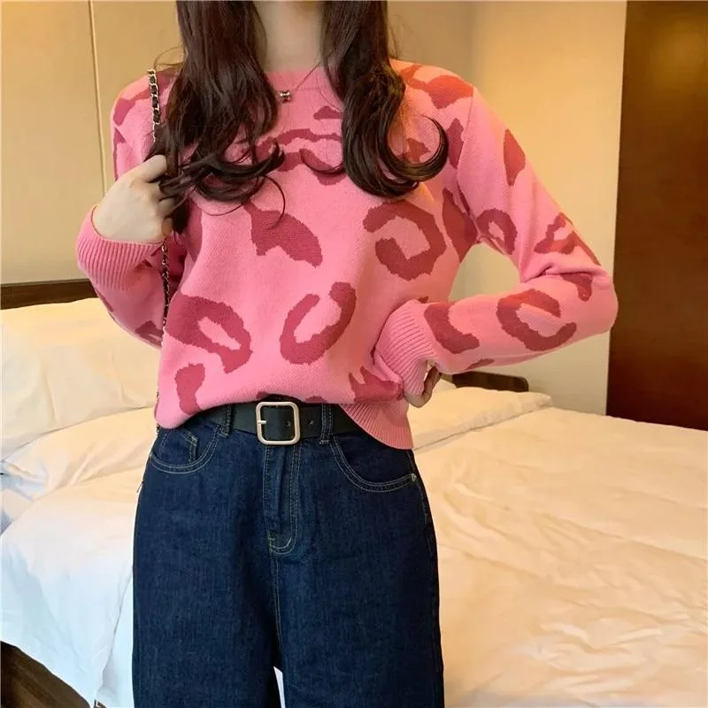 Women Sweaters Korean Casual Autumn Pink Leopard V-Neck Long Sleeve Cardigans Loose Coat Pull Femme