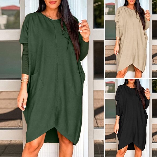 Women O-Neck Solid Patchwork Baggy Dress Knee Length Casual Dress
