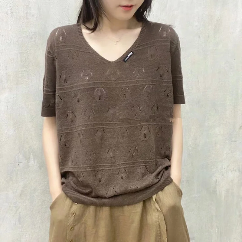 Churchf Churchf Summer Solid Color Loose Short-Sleeved Bottom Shirt Literary Casual Jacket V-Neck Knit T-Shirt Women