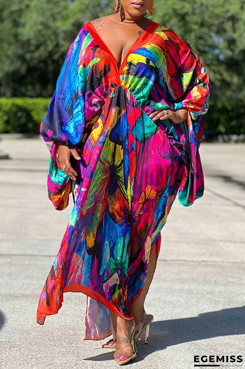 Rose Red Casual Print Patchwork Slit V Neck Straight Plus Size Dresses | EGEMISS