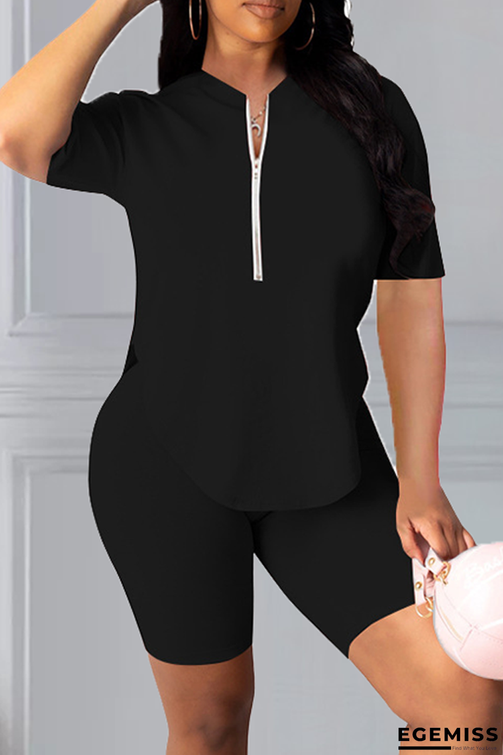 Black Casual Solid Patchwork Zipper Collar Short Sleeve Two Pieces | EGEMISS