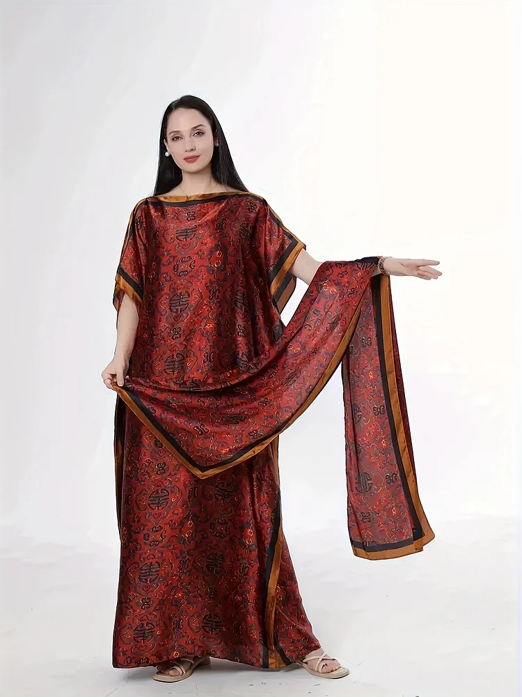 Exquisite Bohemian Red Long Gown Kafan Skirt With Scarf - Beautifully Patterned, Silky And Soft Fabric | Ideal For Special Occasions And Summer Evenings, Limited Time Offer