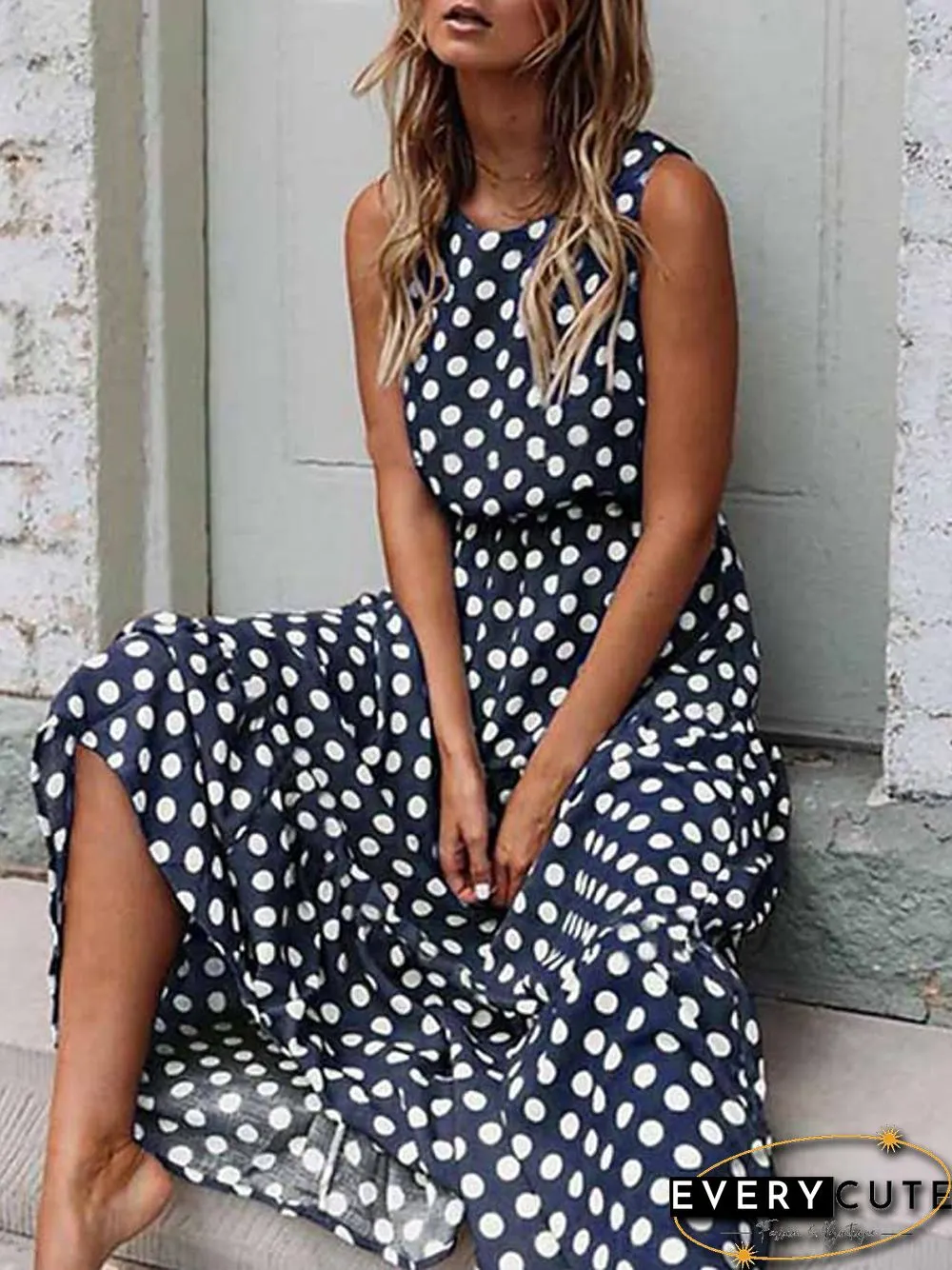 Womens Swing Dress Maxi long Sleeveless Polka Dot Spring Summer Hot Elegant Slim Black