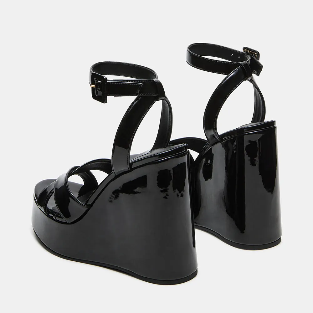 Black Patent Leather Ankle Strap Open Toe Platform Wedge Sandals