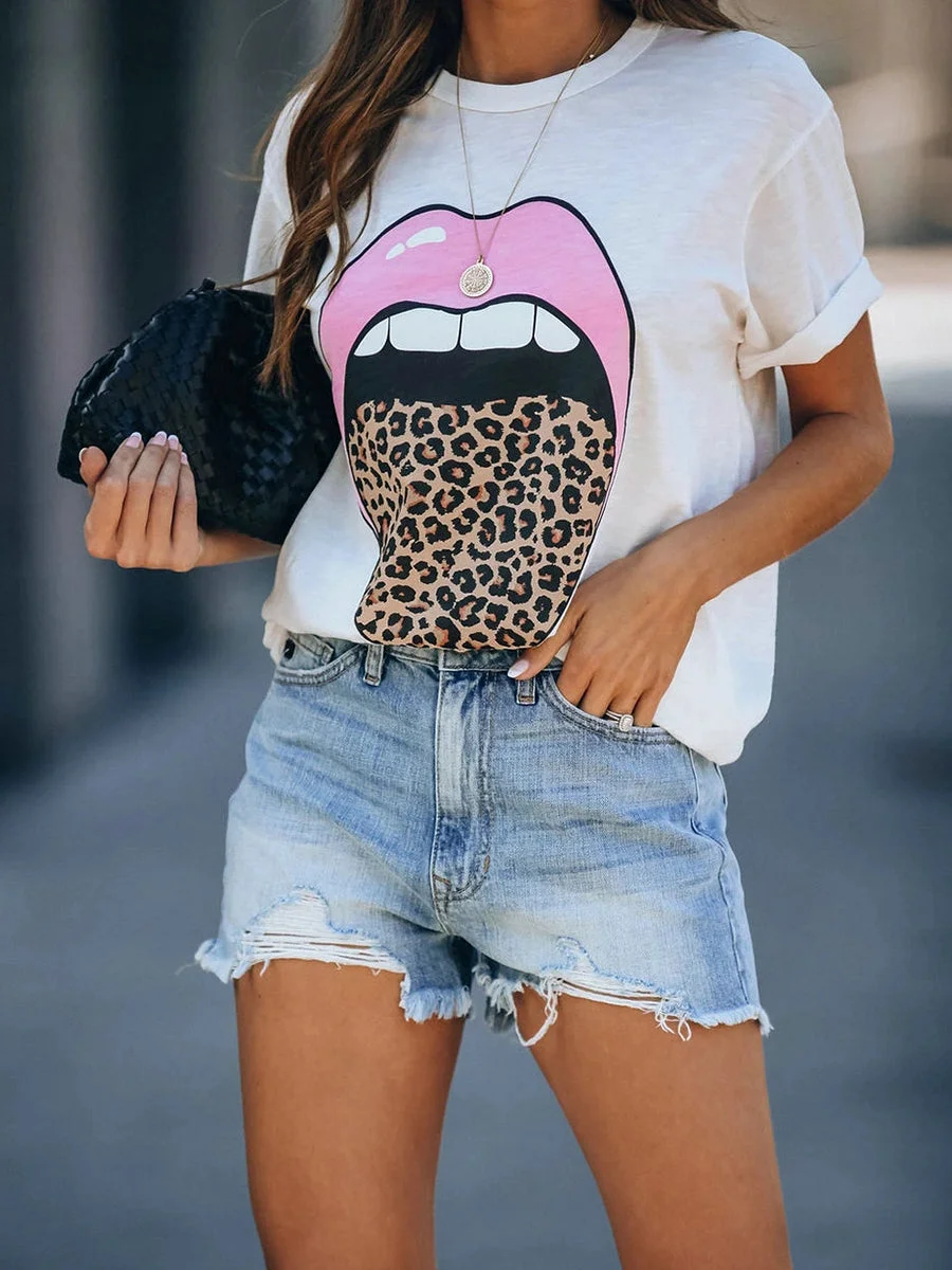 Leopard Tongue Lips Pattern T-shirt