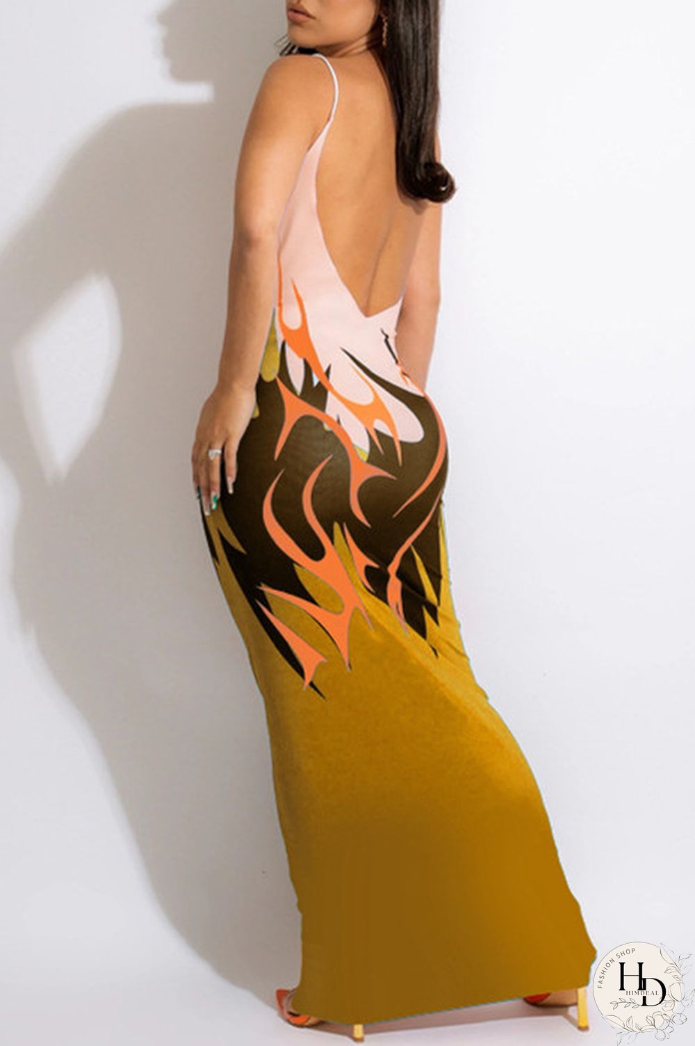 Ginger Fashion Sexy Print Backless Spaghetti Strap Long Dress