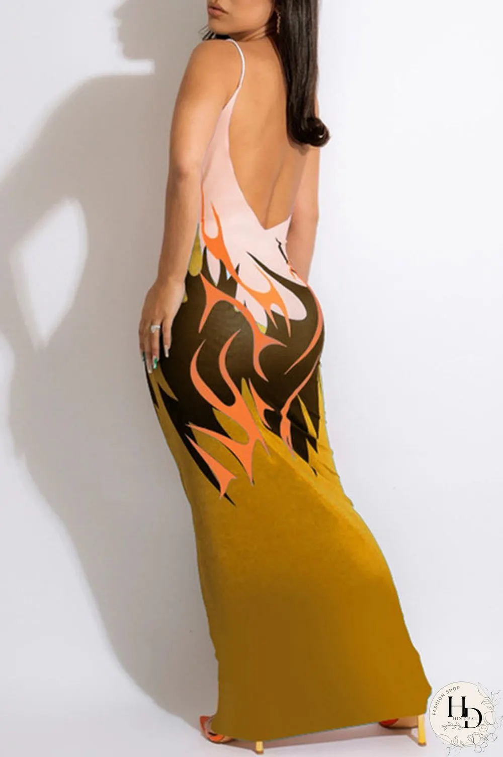 Ginger Fashion Sexy Print Backless Spaghetti Strap Long Dress