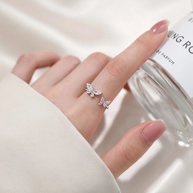 Sweet Shiny Butterfly Stainless Steel Inlay Zircon Open Rings