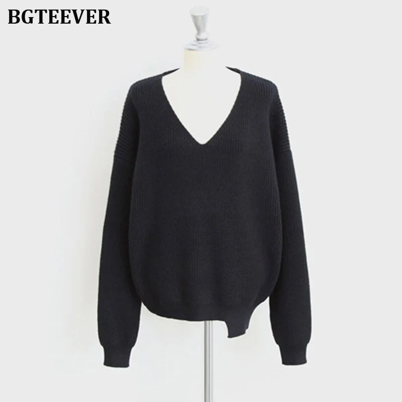 BGTEEVER Casual V-neck Long Sleeve Loose Women Pullover Sweaters 2020 Autumn Winter Chic Irregular Hem Female Knitting Jumpers