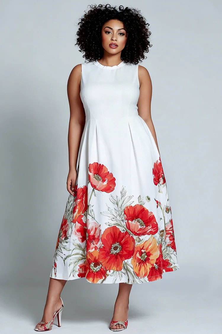 Xpluswear Design Plus Size Vacation Sundress White Floral Round Neck Pocket Midi Dresses [Pre-Order] 2024 - Xpluswear