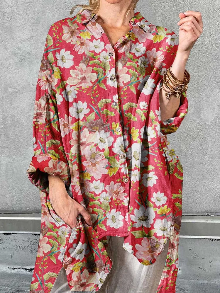 Women's Art Elegant Rose Floral Pattern Cotton Shirt