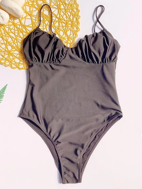 Gathered Spaghetti-Neck One-Piece Swimwear