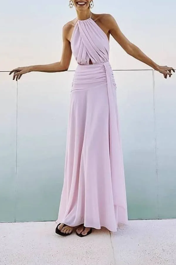 Halter Neck Twist Knot Cutout Backless Draped Maxi Dress