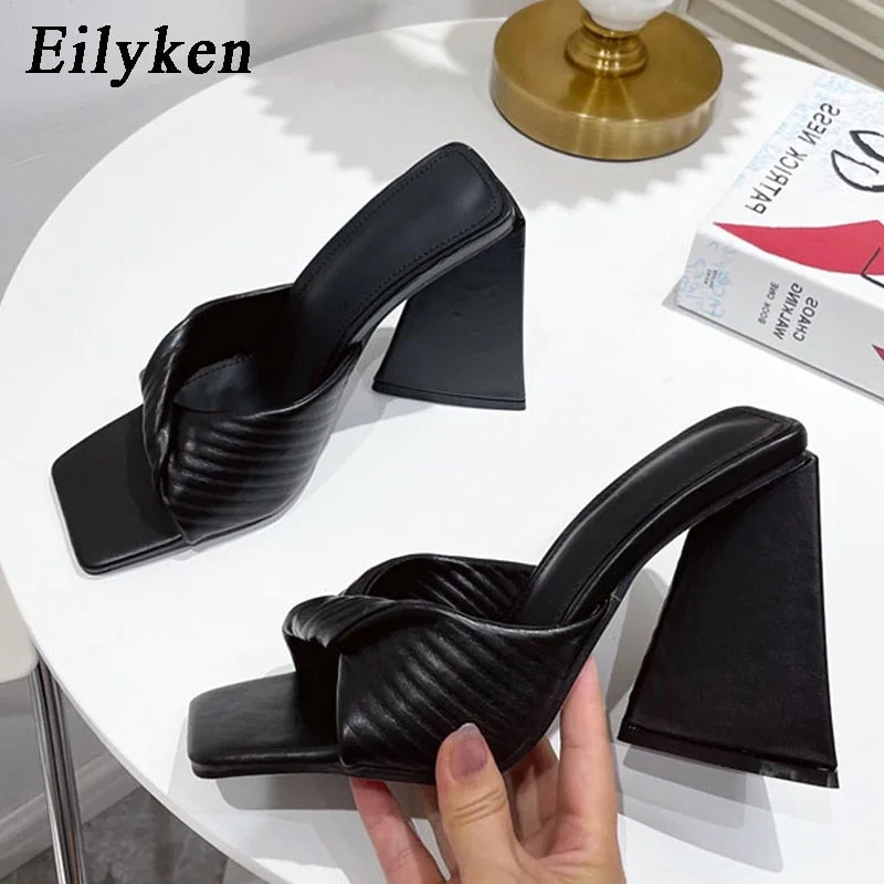 Eilyken New Fashion Strange Style High Heels Slides Slippers Women Square Toe Slip On Ladies Sandals Summer Runway Party Shoes