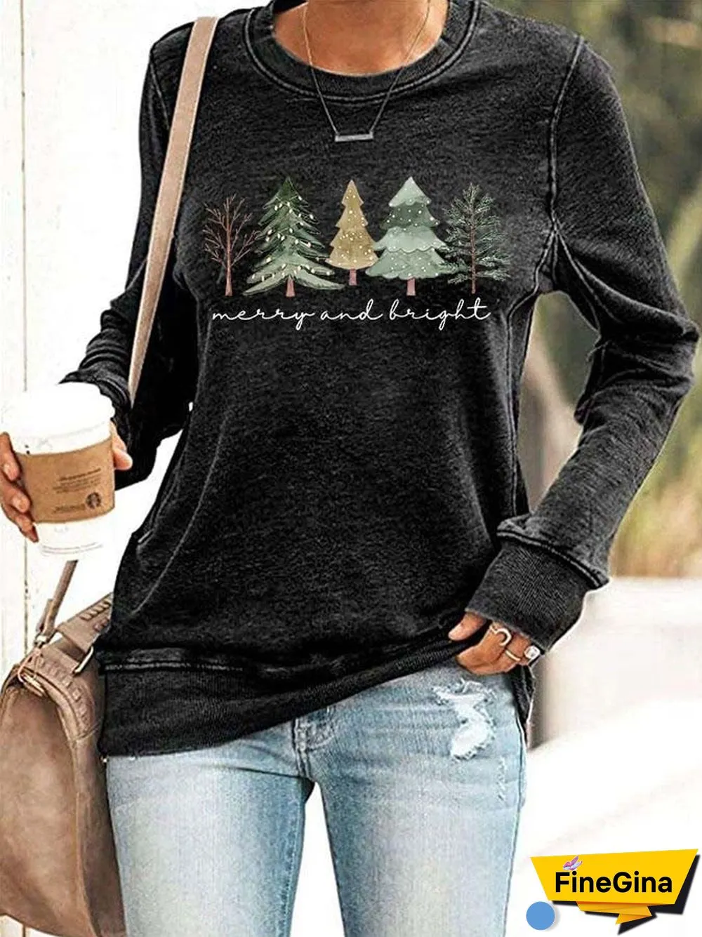 Women's Casual Merry And Bright Printed Long Sleeve Sweatshirt