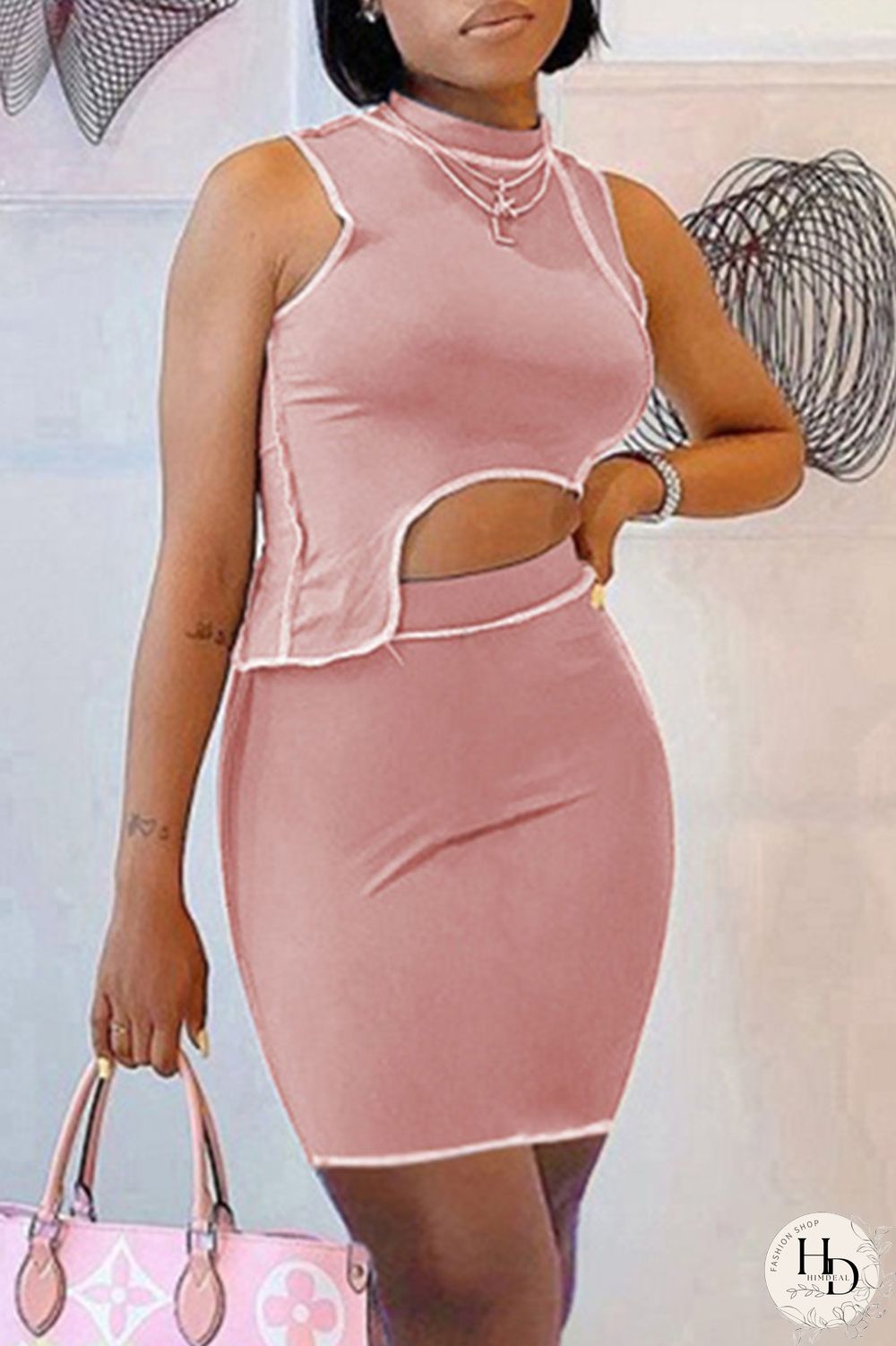 Blue Sexy Casual Solid Split Joint Asymmetrical Half A Turtleneck Sleeveless Two Pieces