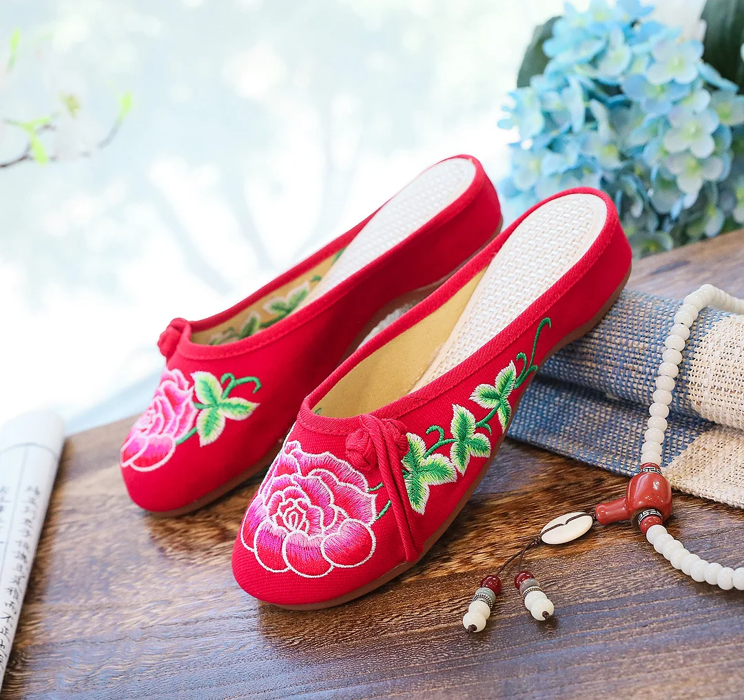Colourp Colourp Retro Plate Buckle Decoration Peony Embroidered Canvas Summer Color Cool Slippers Female