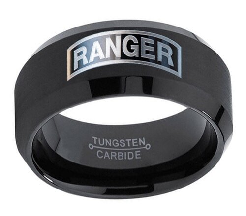 Women's Or Men's U.S. Army Ranger - Black Tungsten Carbide Wedding Band Rings,Military Wedding ring bands.Silver with Black Edges and Laser Etched United States Army Ranger Emblem Ring With Mens And Womens For Width 6MM 8MM 10MM