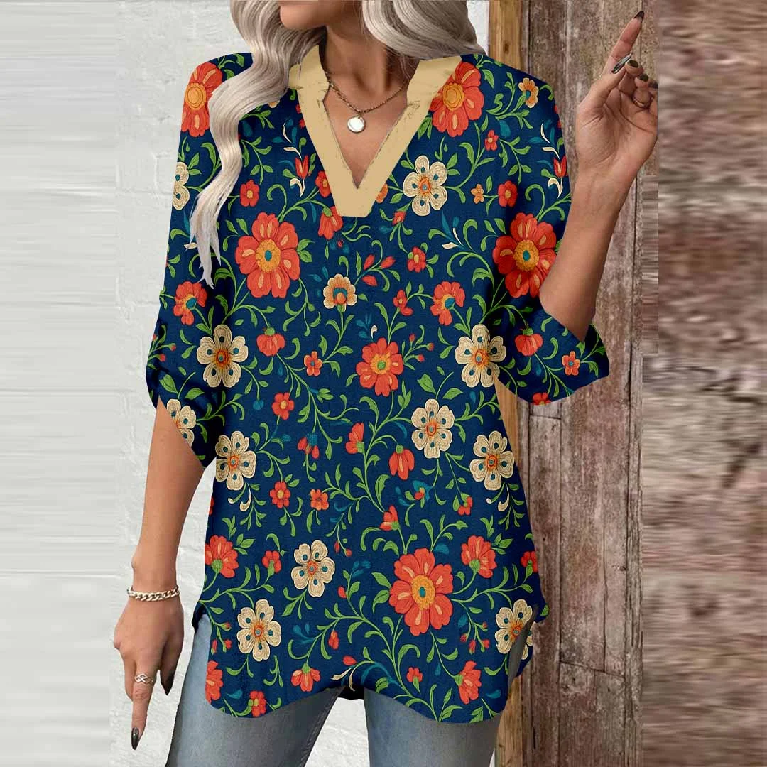 Women Floral,  Red,  Dark Green DZGA0426 3/4 Sleeve V-neck Printed Graphic Button Tops