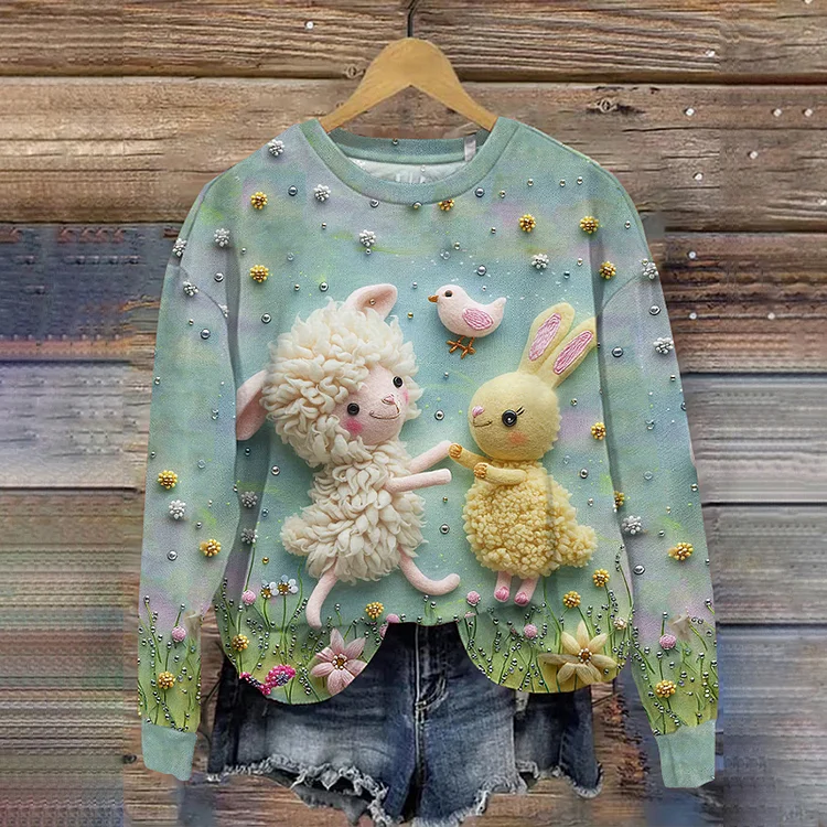 Wearshes Cute Sheep And Rabbit Print Crew Neck Sweatshirt