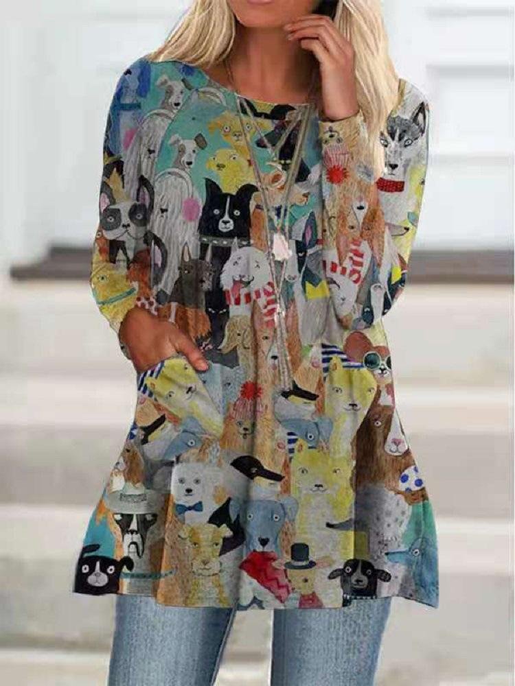 Women's Scoop Neck Long Sleeve Printed Tops with Pockets