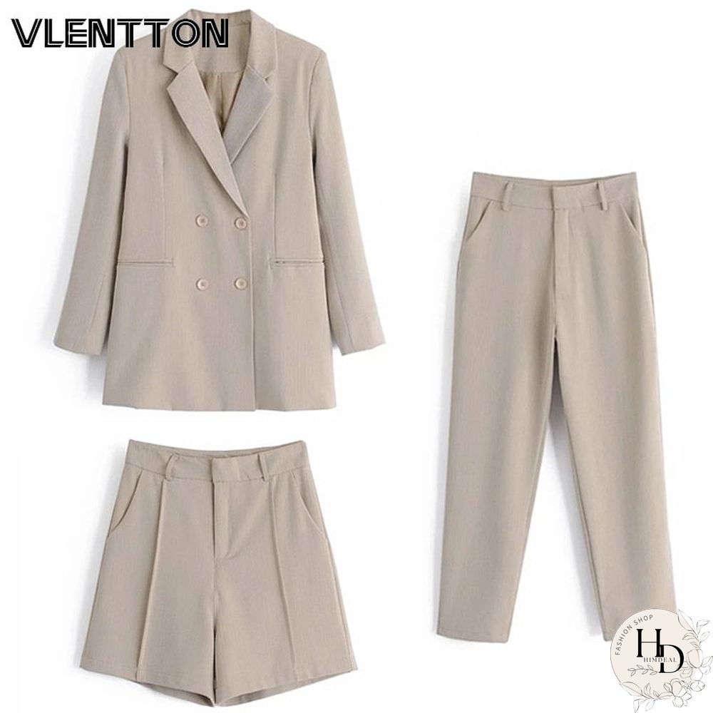 Spring Autumn Women Vintage Khaki 2 Pieces Set OL Office Blazer Jacket Coat+Pencil Pant Suits Casual Trouser Outfits Female