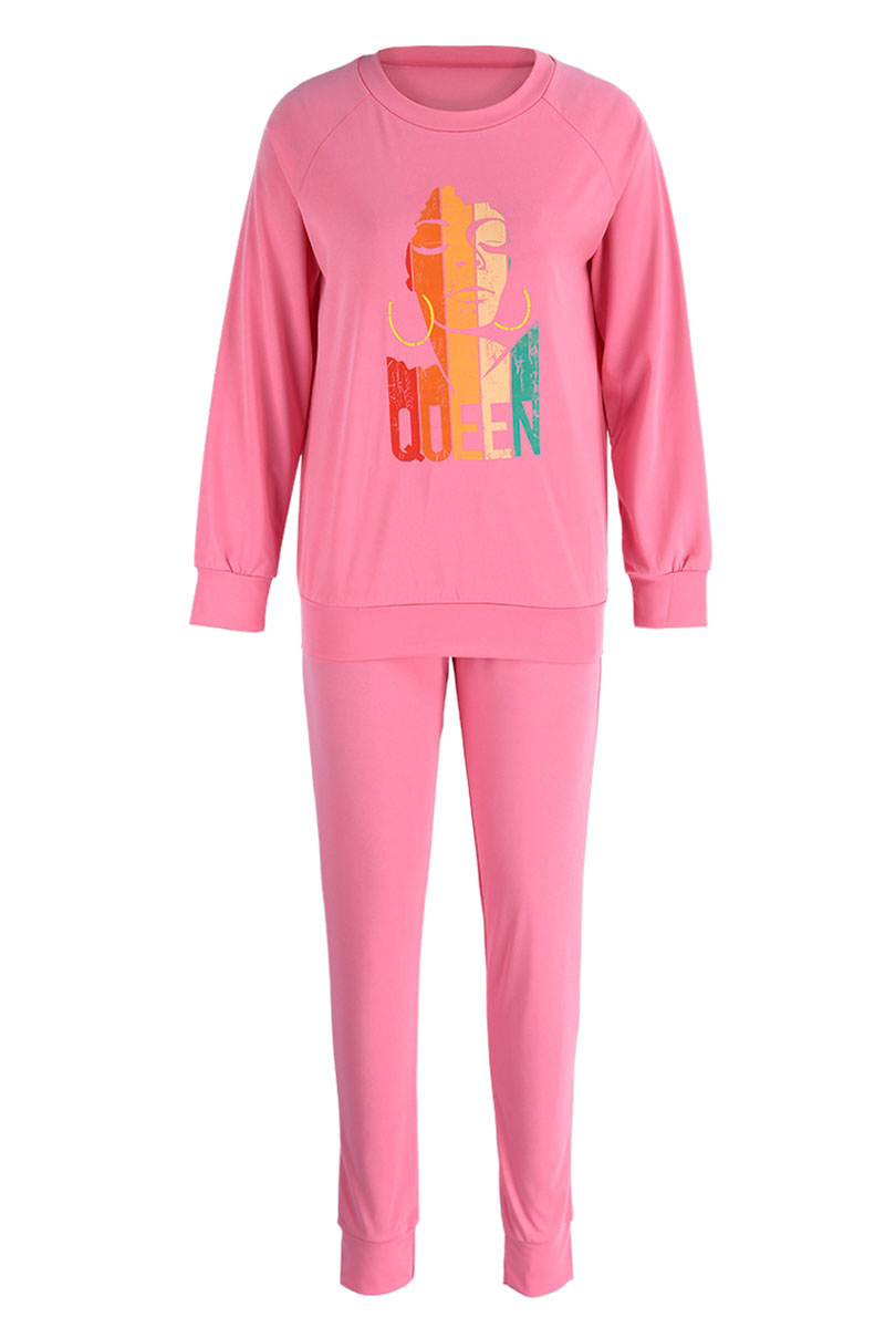 Rose Red Fashion Casual Print Patchwork O Neck Long Sleeve Two Pieces