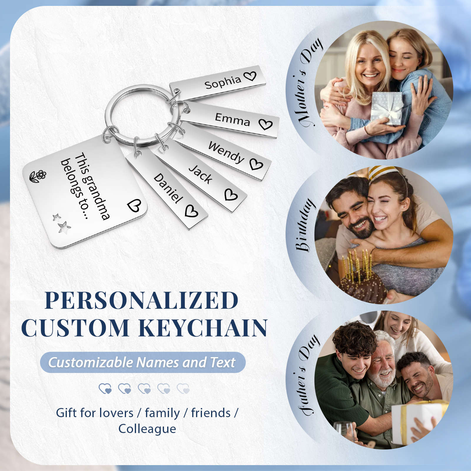 Personalised 5 Names & 1 Text Keychain Custom Family Keychain Gifts for Father/Mother/Grandma/Grandpa-Jessemade AU