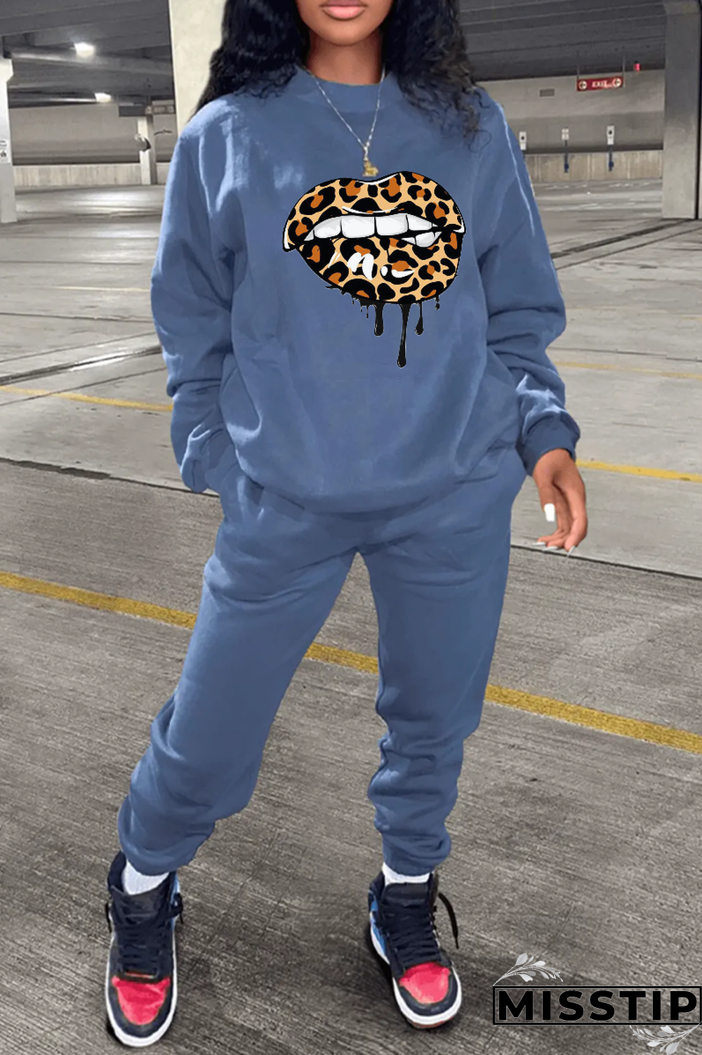 White Street Lips Printed Patchwork O Neck Tops